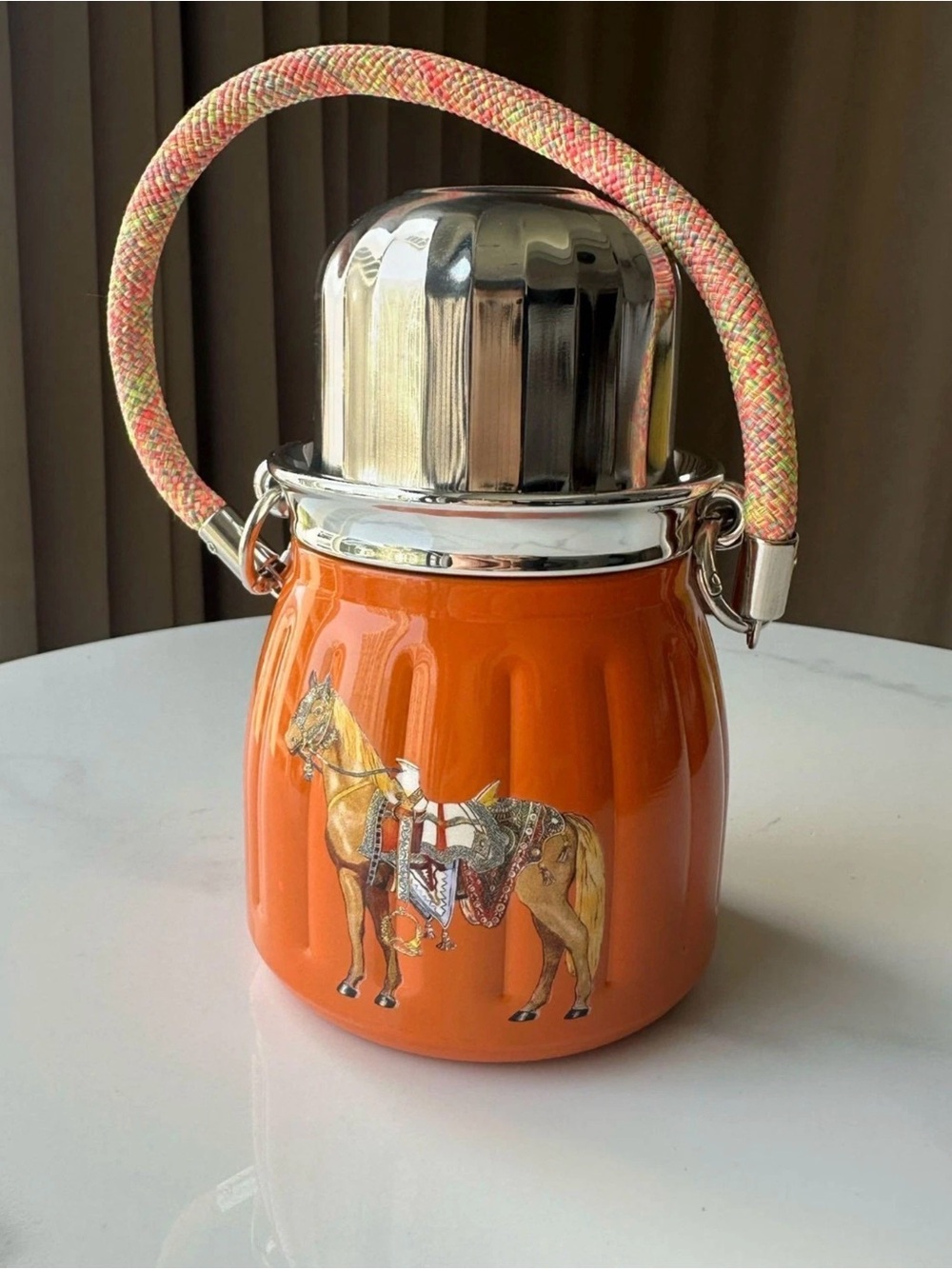 Hermes Orange Horse-Print Decorative flask with Metallic Lid - Picture 3 of 9